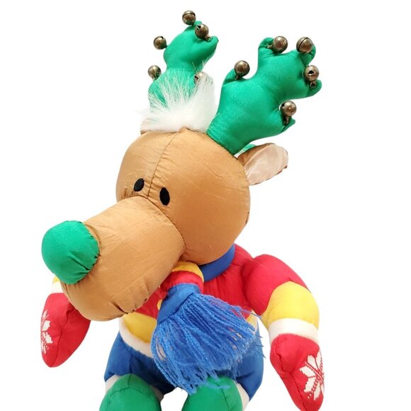 Holiday Polyester Colorful Stuffed Reindeer Toy With Bells & Scarf 12 Inch - Picture 10 of 11
